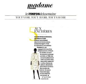 Parution Madame Figaro - Ventes aux enchères d'archives de la Maison Balenciaga - Millon